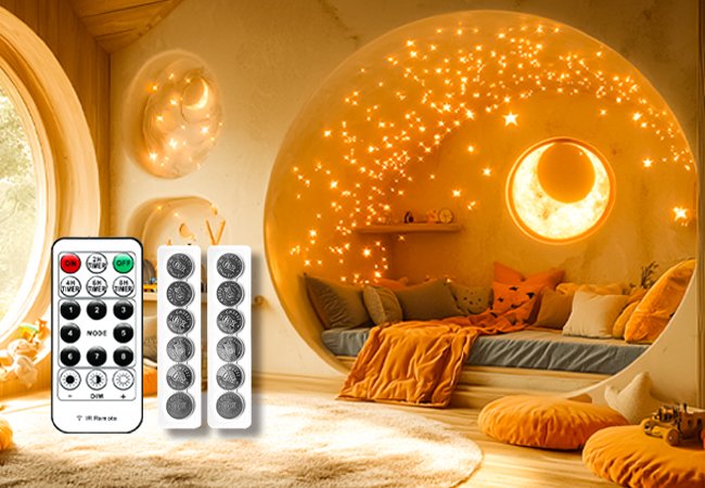Fairy lights with remote and batteries in a cozy, star-lit room with a crescent moon light fixture.