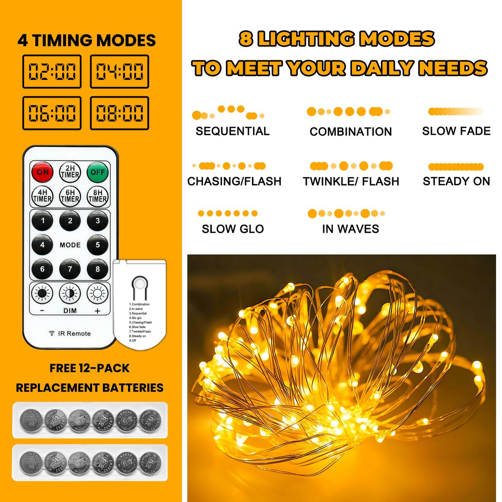 Battery operated fairy lights with remote control and replacement batteries, showing 8 lighting modes and 4 timing modes.