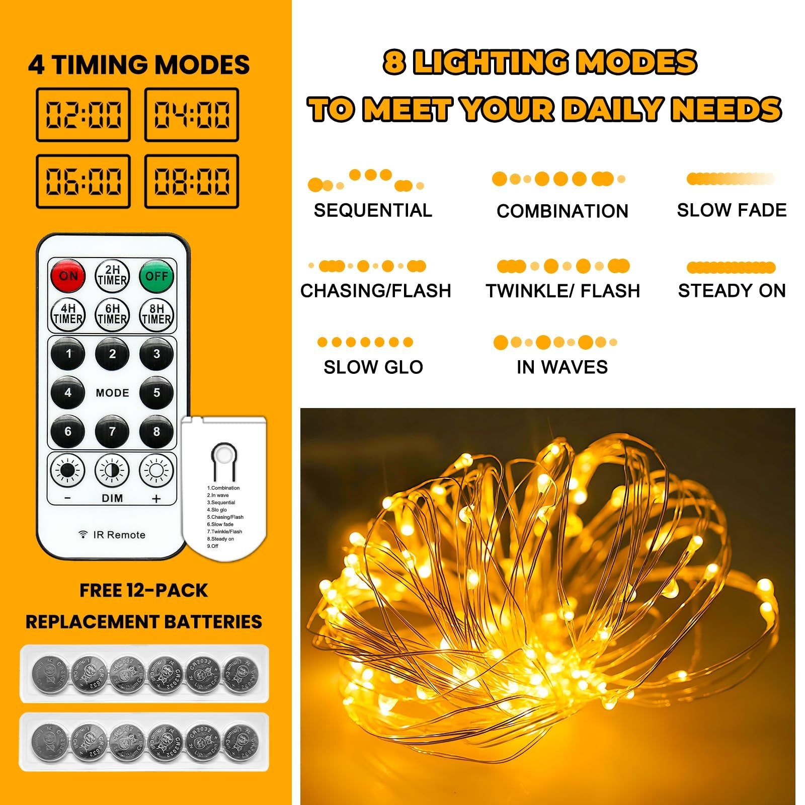 Battery operated fairy lights with remote control and replacement batteries, showing 8 lighting modes and 4 timing modes.