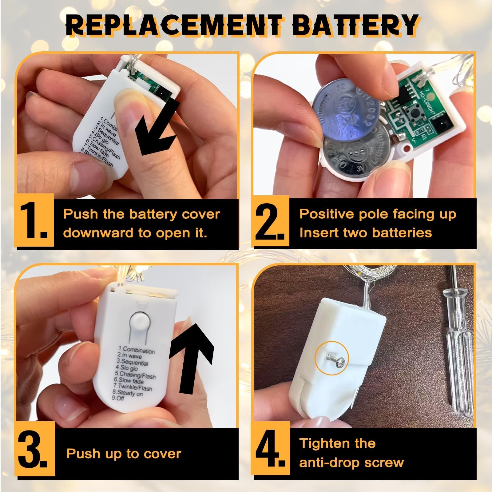 Instructions for replacing batteries in fairy light string lights, showing four steps.