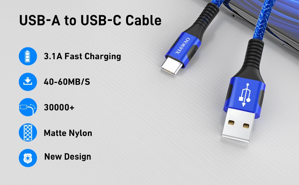 Braided USB-A to USB-C charging cable with blue connectors, showing fast charging and data transfer specs.