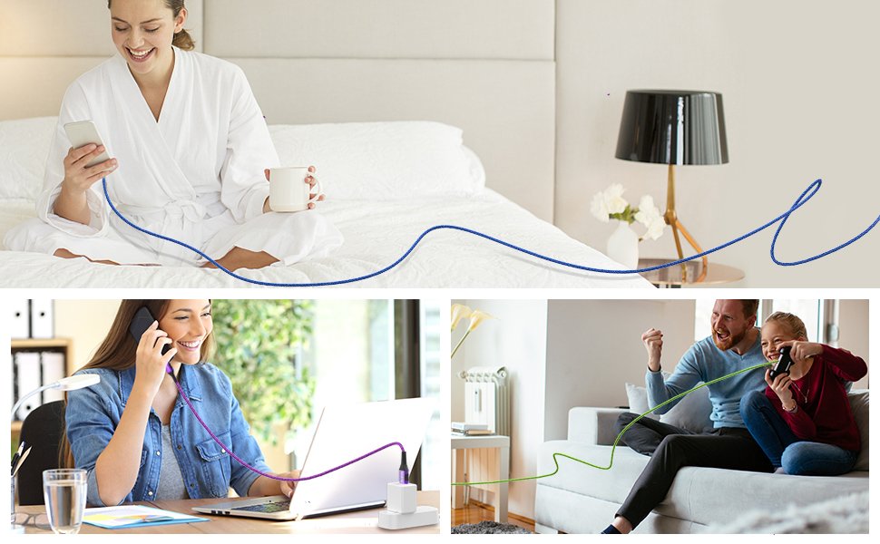 Collage of people using braided USB-A to USB-C charging cables in different settings: woman on bed, woman at desk, father and daughter gaming.