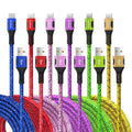 Six braided USB-A to USB-C charging cables in blue, red, pink, purple, green, and gold, shown from the connector end.