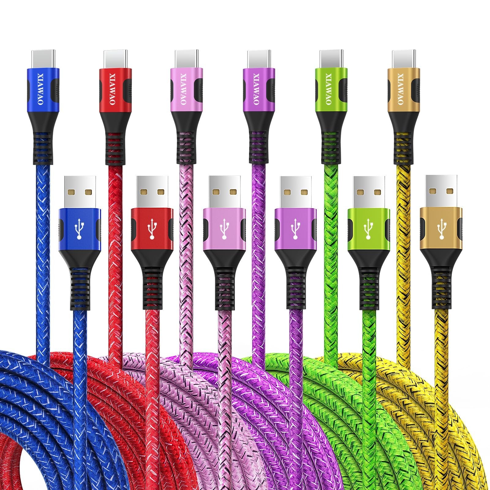 Six braided USB-A to USB-C charging cables in blue, red, pink, purple, green, and gold, shown from the connector end.