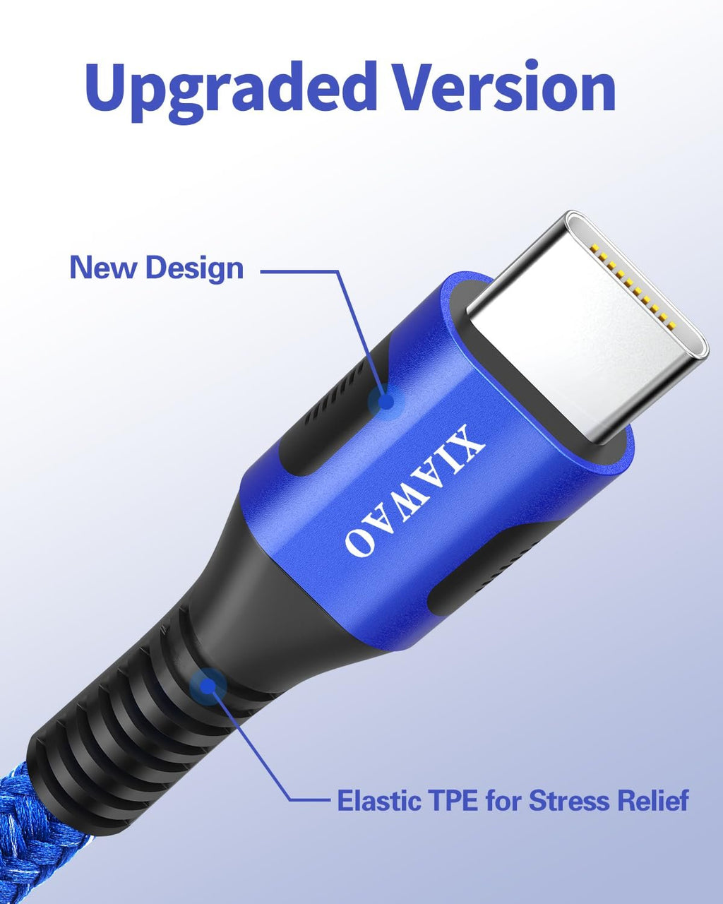 Close-up of a blue USB-C charging cable connector with '' branding and callouts for 'New Design' and 'Elastic TPE for Stress Relief'.