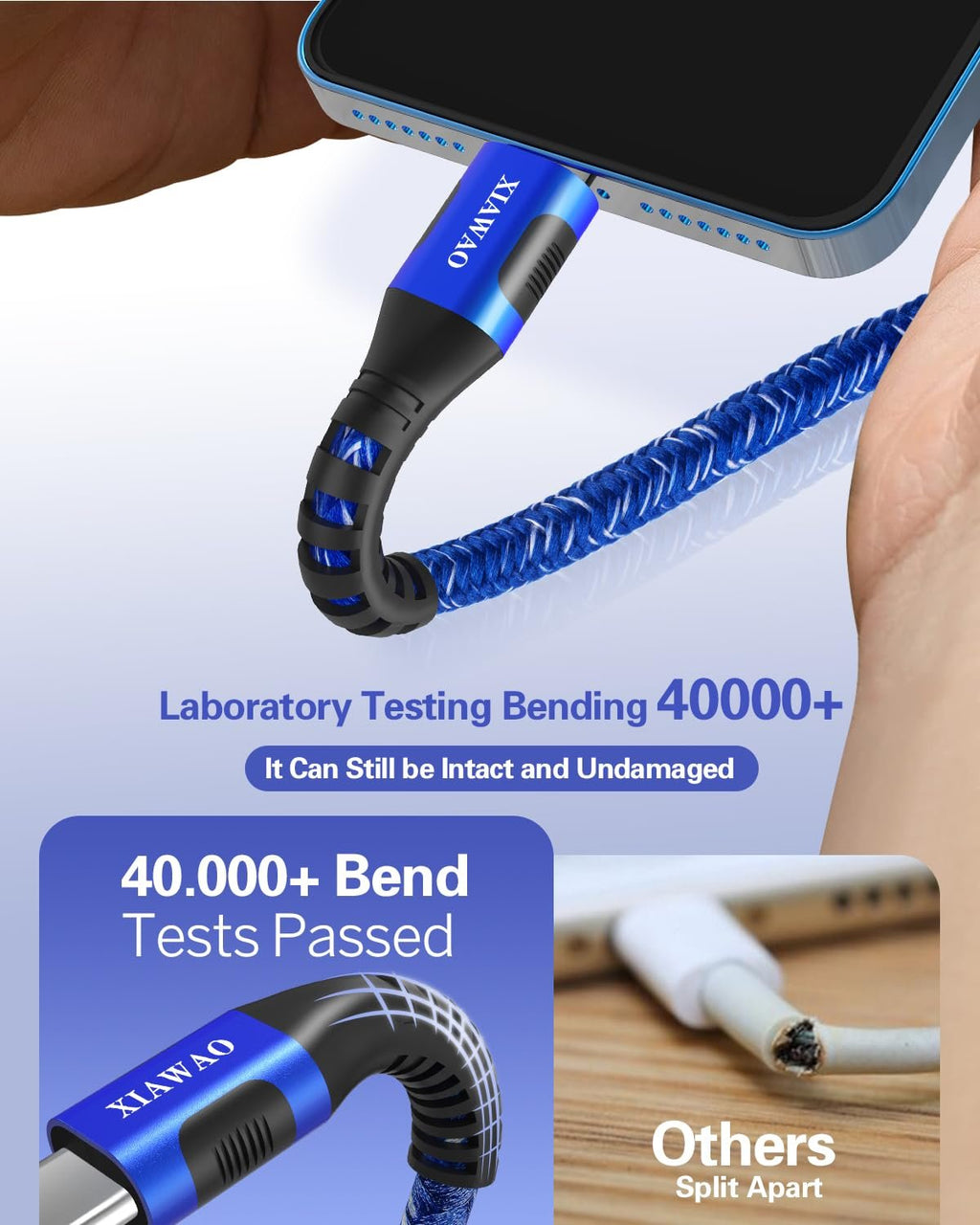 Braided USB-A to USB-C charging cable plugged into a smartphone, showing durability testing results.