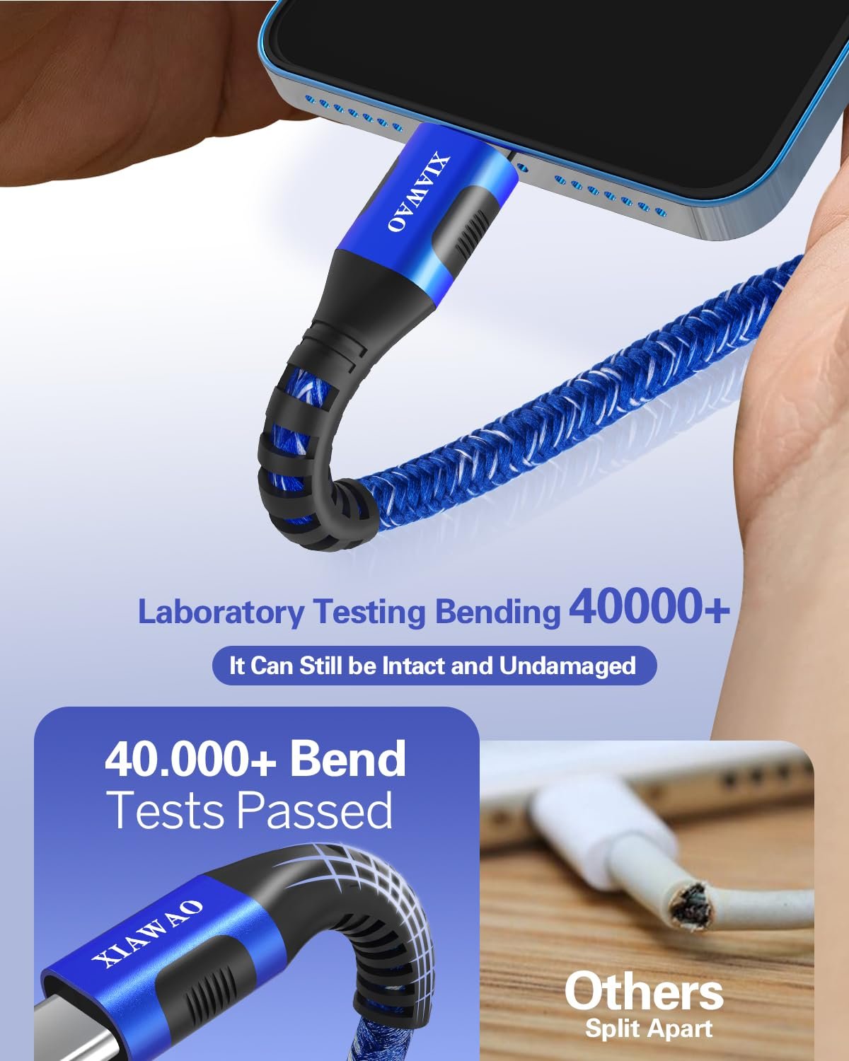 Braided USB-A to USB-C charging cable plugged into a smartphone, showing durability testing results.