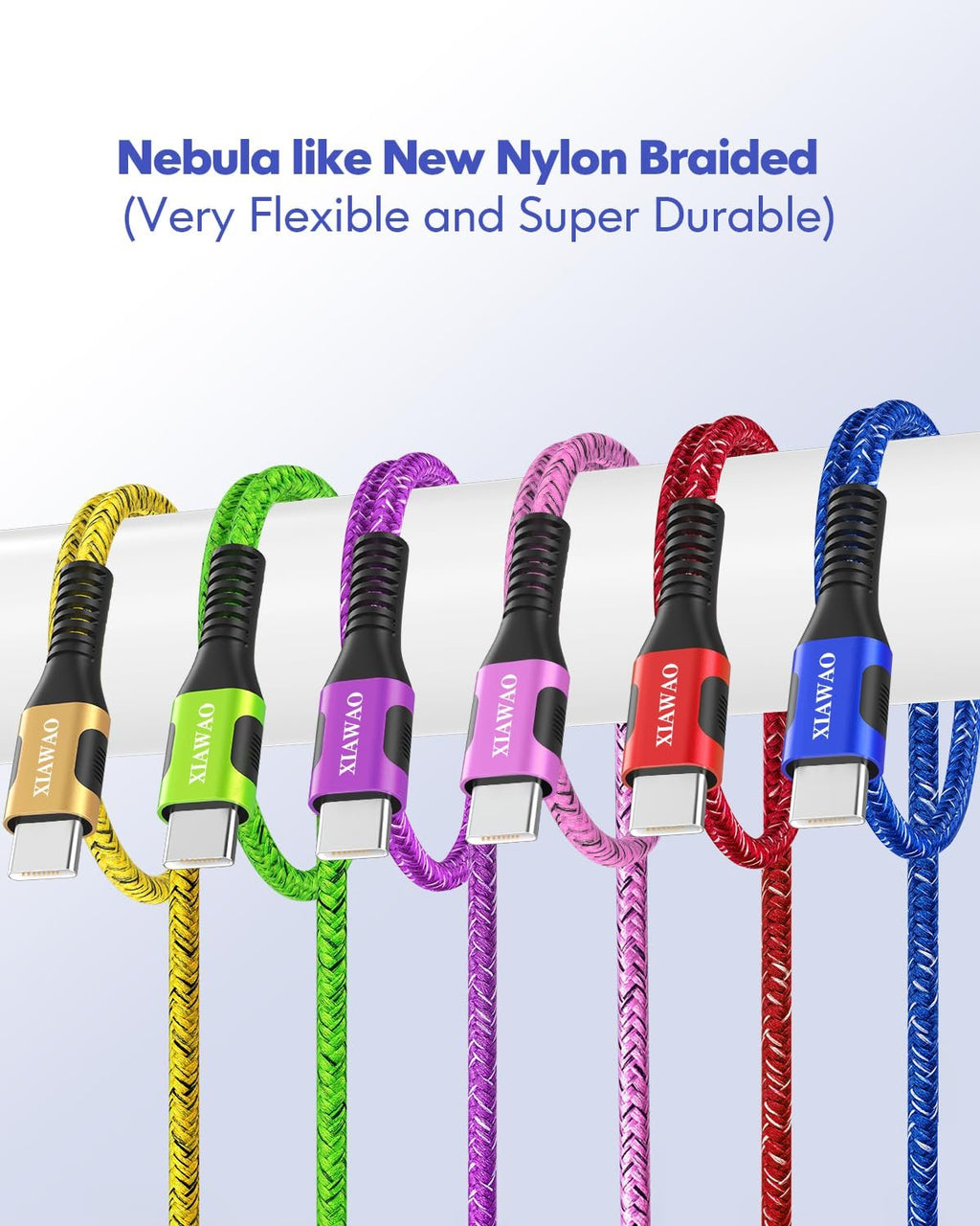 Six braided USB-A to USB-C charging cables in yellow, green, purple, pink, red, and blue, displayed horizontally.