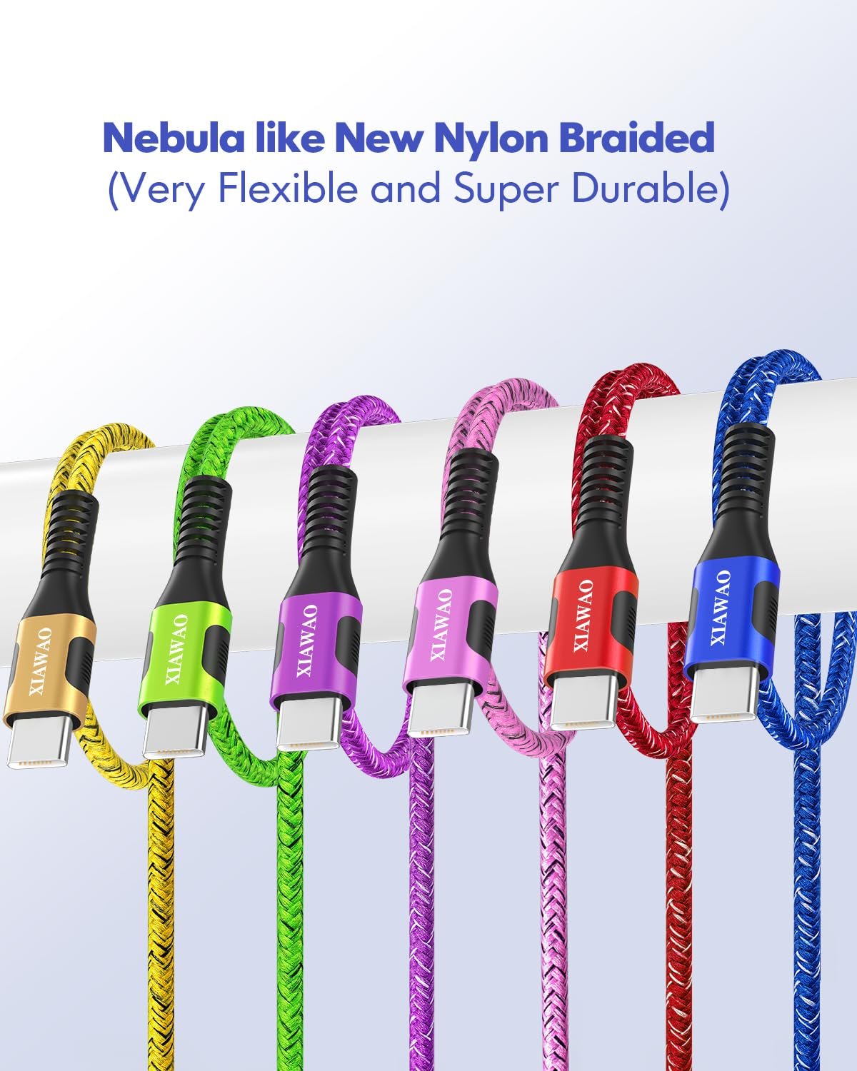 Six braided USB-A to USB-C charging cables in yellow, green, purple, pink, red, and blue, displayed horizontally.