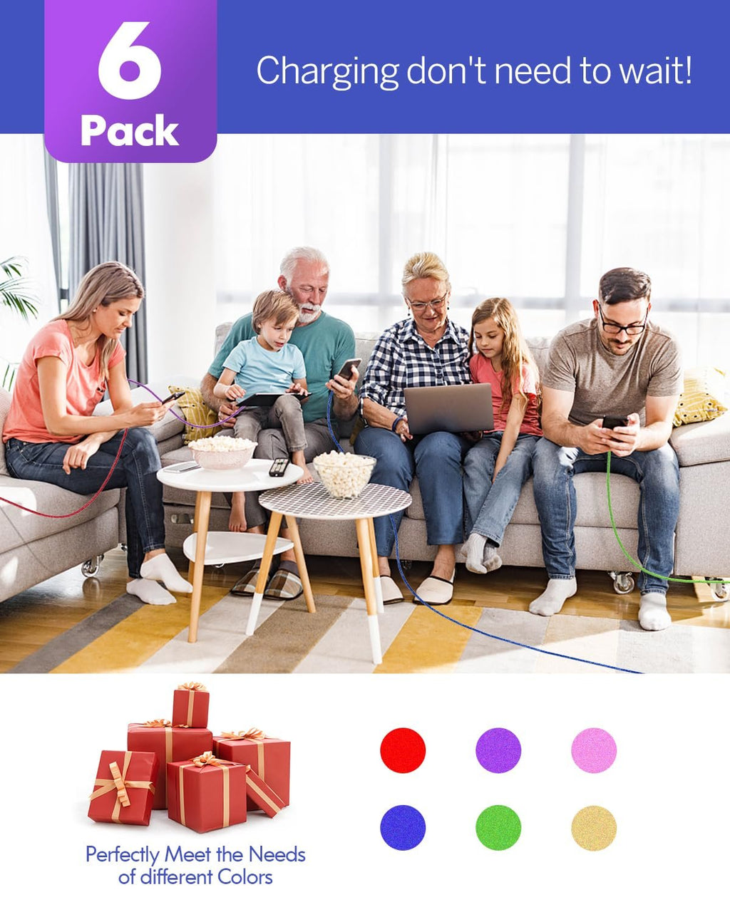Family charging devices together on a couch, with gift boxes and color swatches below.