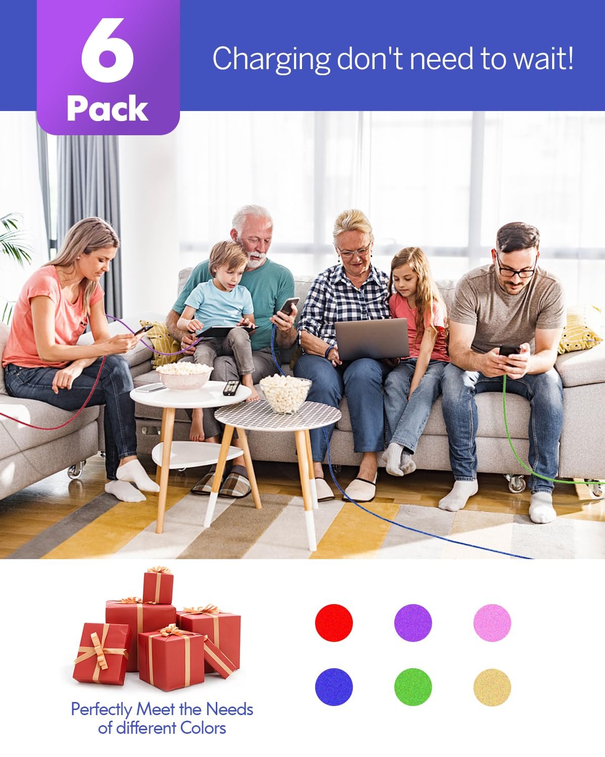 Family charging devices together on a couch, with gift boxes and color swatches below.