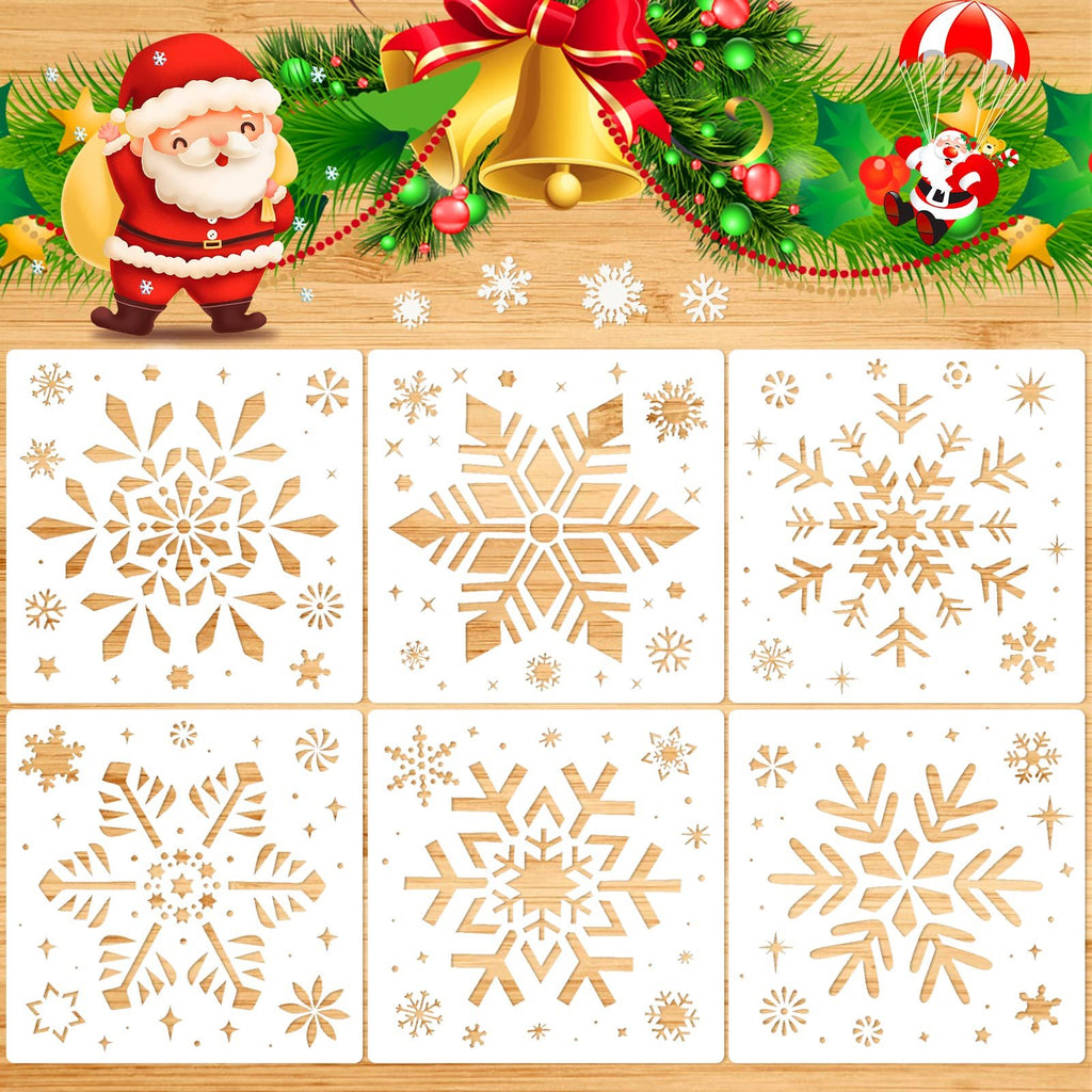 Six Christmas snowflake stencils arranged in a 2x3 grid, with festive Santa and bell decorations at the top.