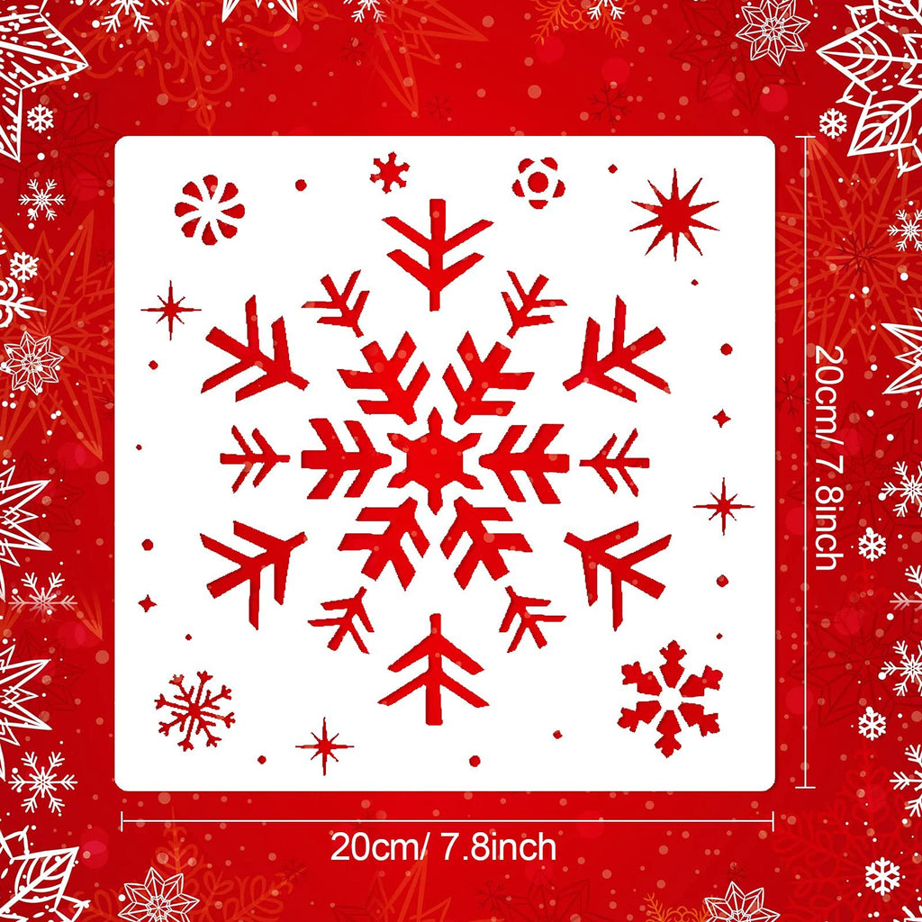 Christmas snowflake stencil with red snowflake designs on a white square, with red snowflake background. Dimensions shown as 20cm/7.8inch.