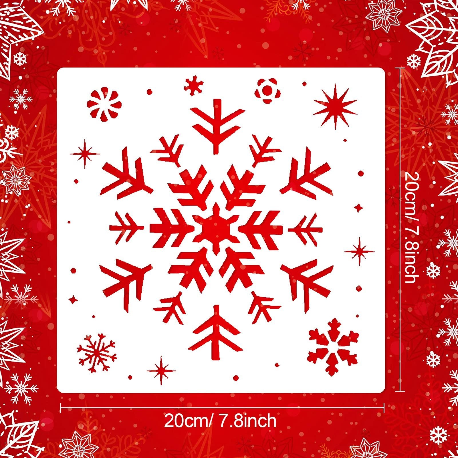 Christmas snowflake stencil with red snowflake designs on a white square, with red snowflake background. Dimensions shown as 20cm/7.8inch.