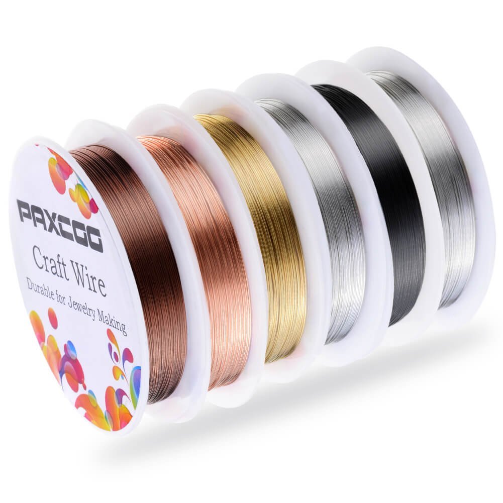 Six spools of assorted color craft wire for jewelry making, including brown, copper, gold, silver, black, and grey.