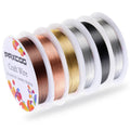 Six spools of assorted color craft wire for jewelry making, including brown, copper, gold, silver, black, and grey.