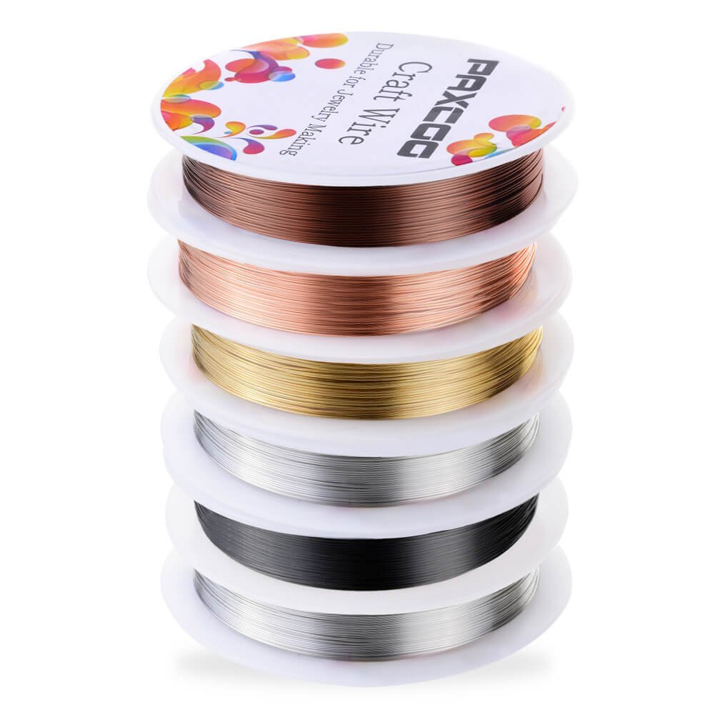 Stack of six spools of assorted color craft wire for jewelry making, including gold, silver, copper, and black.