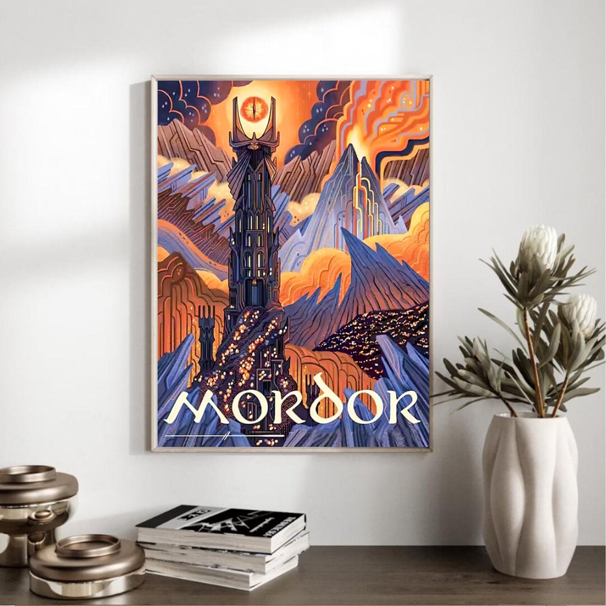 Abstract landscape painting of a dark tower with an eye symbol under a fiery sky, text 'MORDOR' at the bottom.