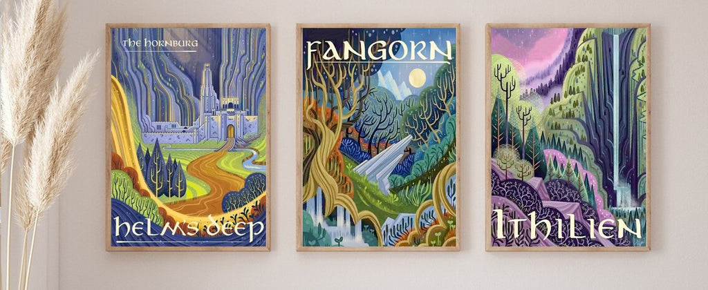 Three framed fantasy landscape art prints depicting castles and forests with stylized trees and waterfalls.