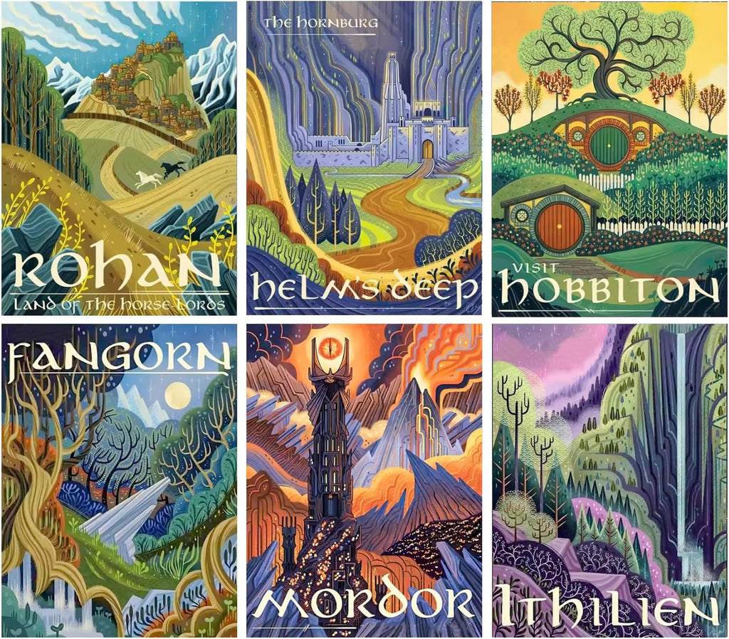 Six illustrated posters depicting fantasy landscapes and locations from a popular book series.