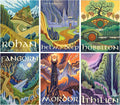 Six illustrated posters depicting fantasy landscapes and locations from a popular book series.