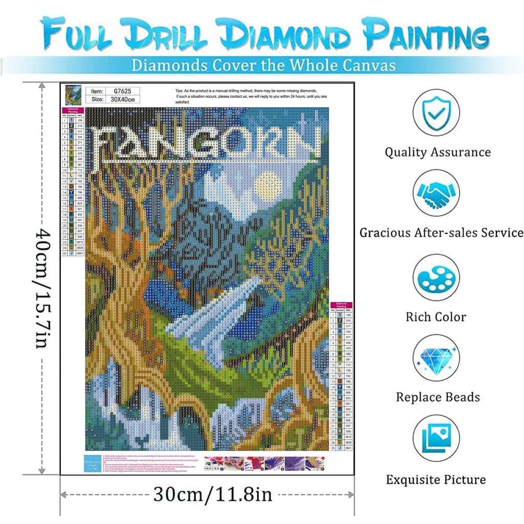 Abstract landscape diamond painting kit with color chart and instructions. 12x16 inch canvas.