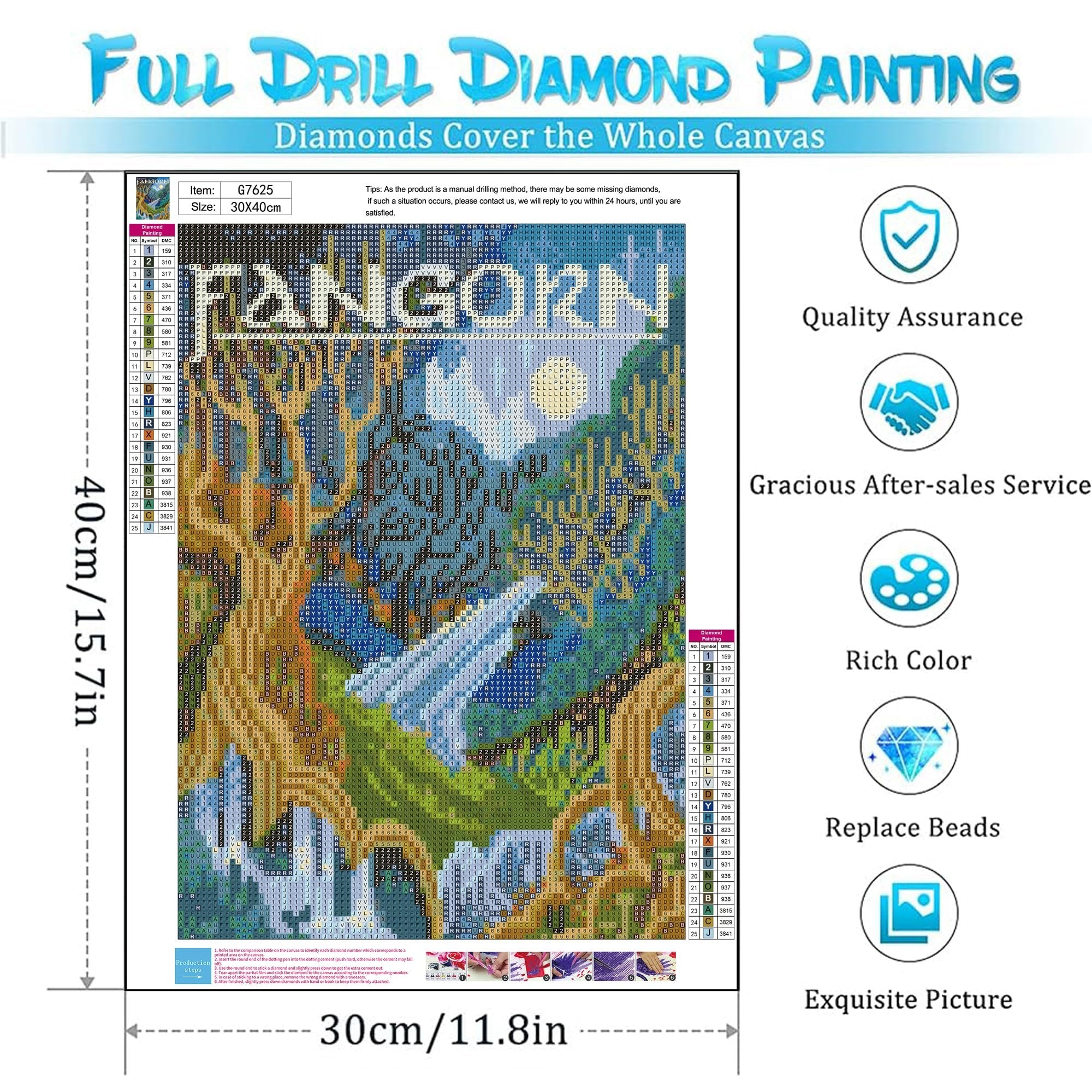 Abstract landscape diamond painting kit with color chart and instructions. 12x16 inch canvas.