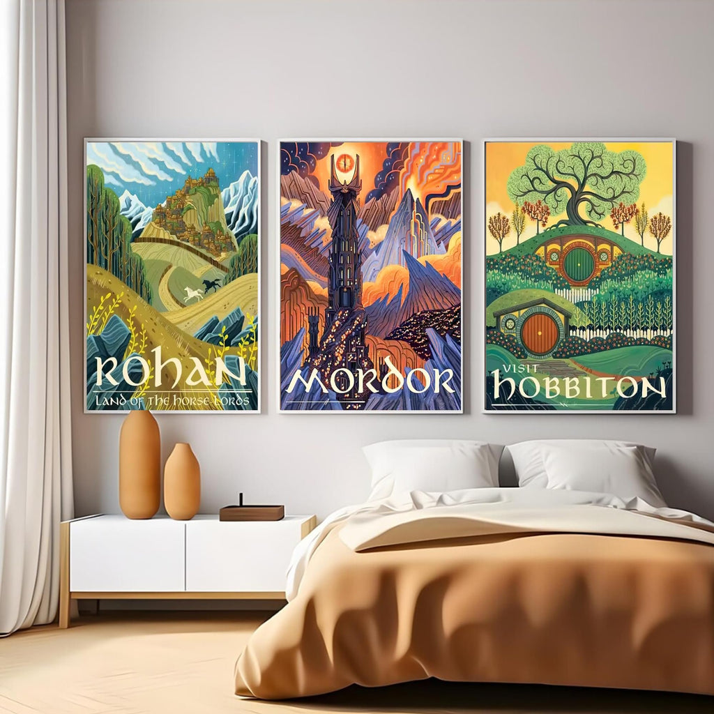 Three framed art prints depicting fantasy landscapes: Rohan, Mordor, and Hobbiton, displayed above a bed.