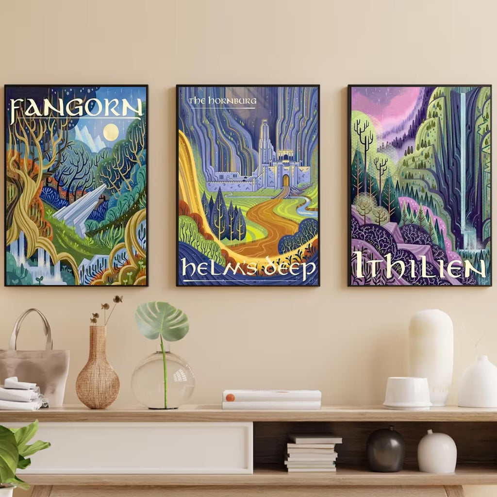 Three framed fantasy landscape art prints depicting Fangorn, The Hornburg, and Ithilien.