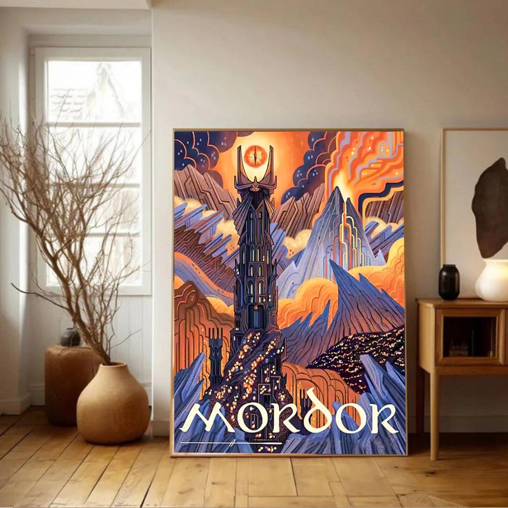 Abstract landscape painting of a dark tower with an eye at the top, set against fiery skies and jagged mountains. Text 'MORDOR' is visible at the bottom.