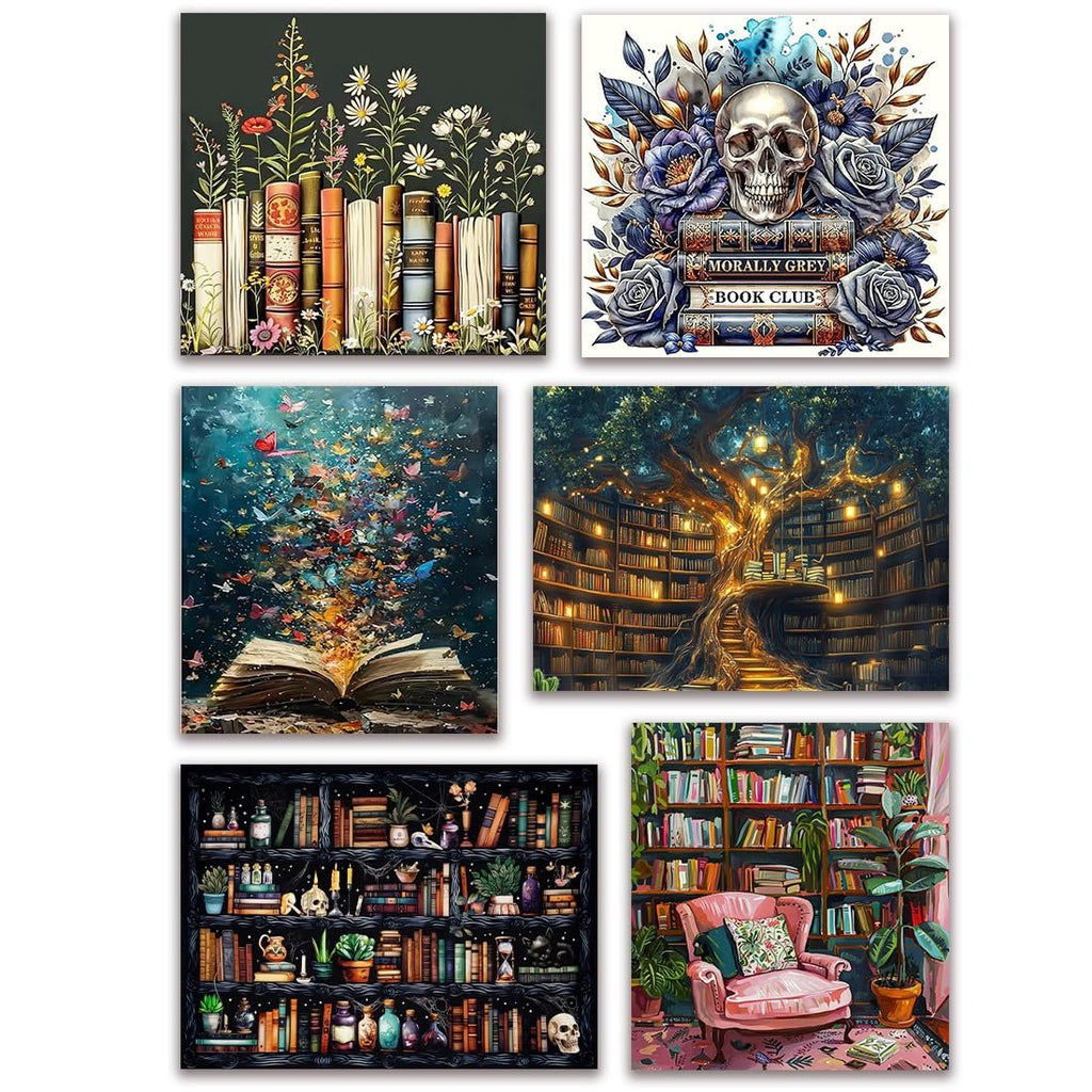 Collage of five fantasy book-themed diamond painting art prints: books with flowers, skull with roses, open book with butterflies, library treehouse, and bookshelf with curios.