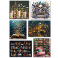 Collage of five fantasy book-themed diamond painting art prints: books with flowers, skull with roses, open book with butterflies, library treehouse, and bookshelf with curios.