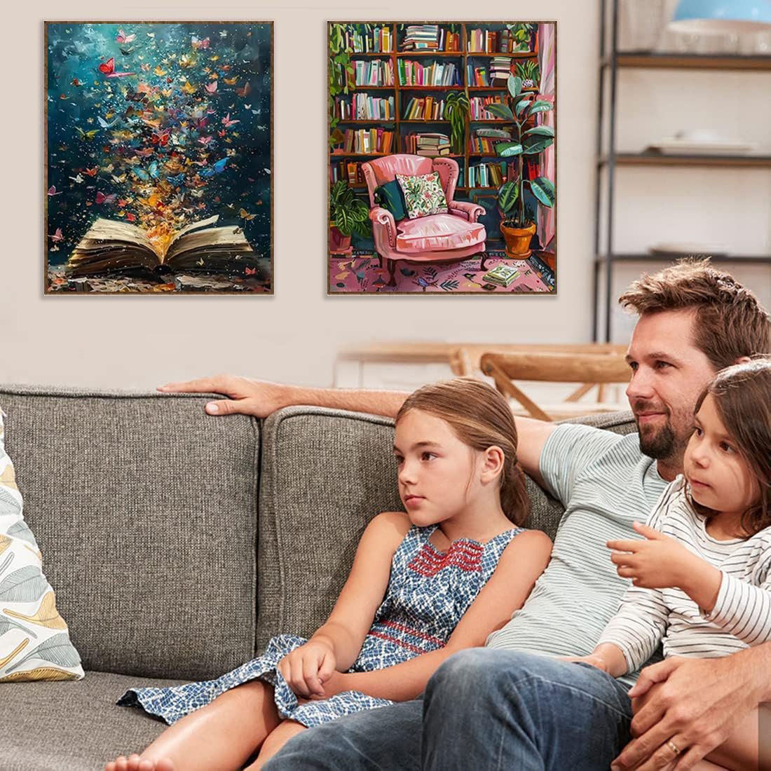Family watching two diamond art paintings on wall: open book with butterflies and bookshelf with armchair