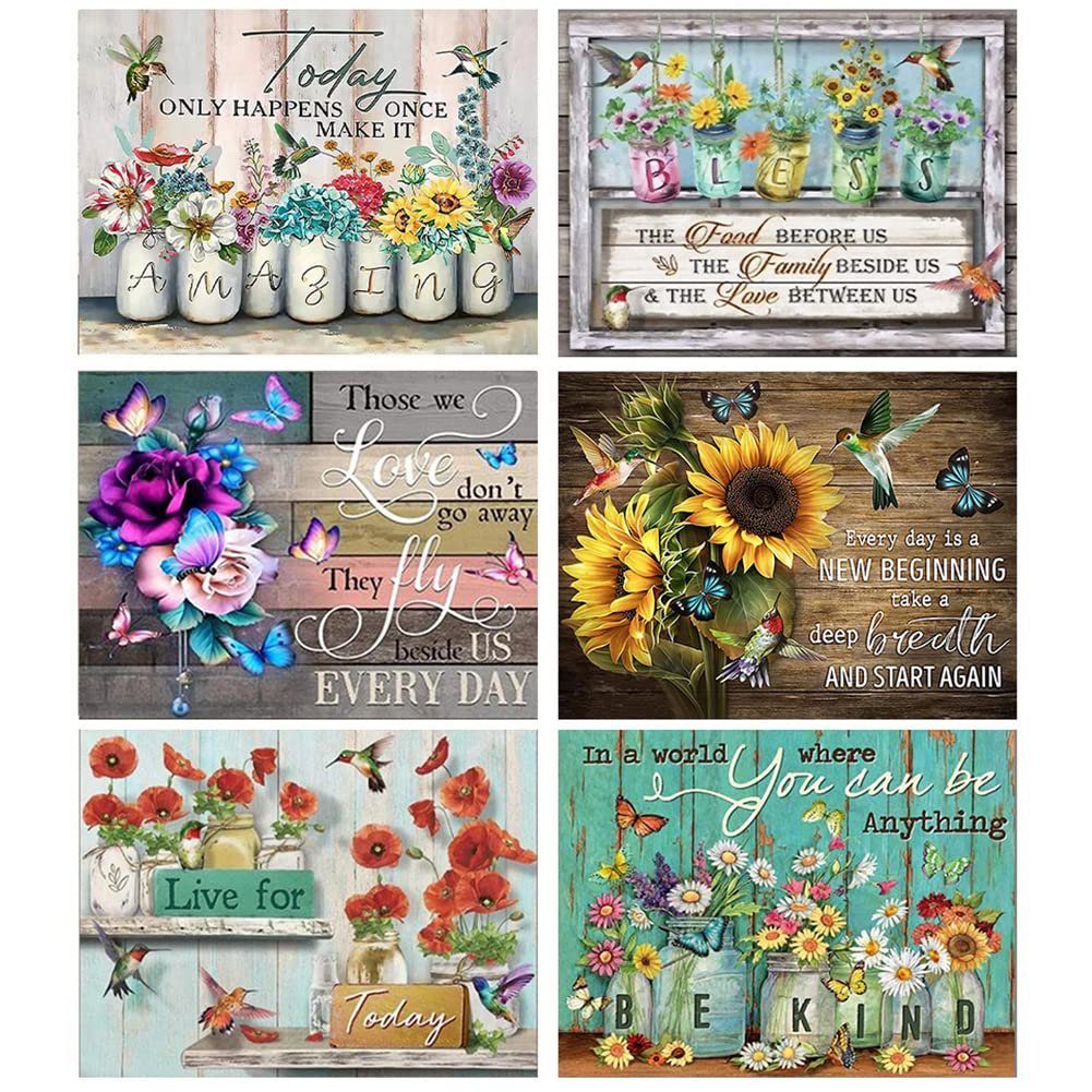 Collage of six diamond painting kits featuring floral designs and inspirational quotes.