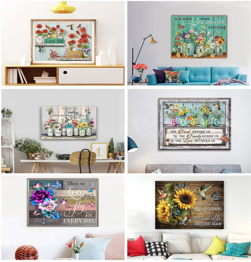 Collage of six diamond painting art canvases featuring floral and inspirational quotes, displayed in home settings.