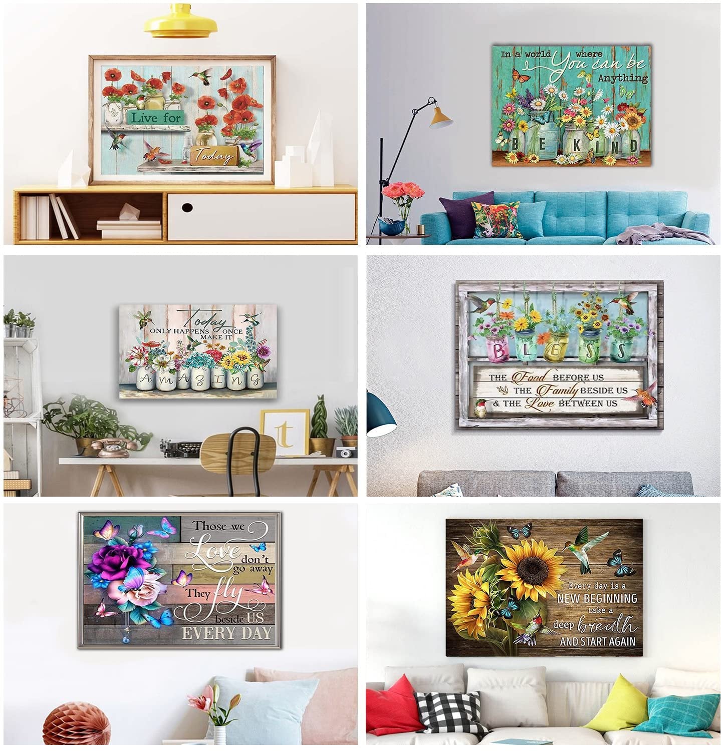 Collage of six diamond painting art canvases featuring floral and inspirational quotes, displayed in home settings.