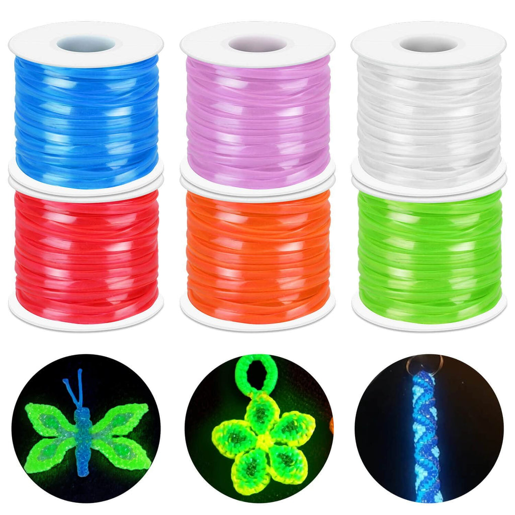 Six spools of glow-in-the-dark plastic lacing cord in blue, purple, white, red, orange, and green, with three circular insets showing crafts made from the cord.