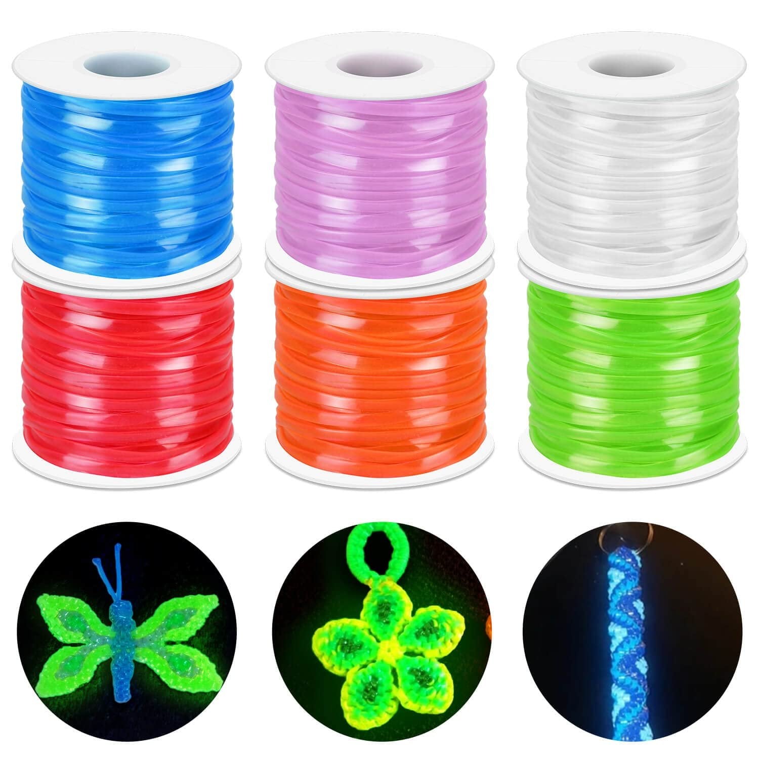 Six spools of glow-in-the-dark plastic lacing cord in blue, purple, white, red, orange, and green, with three circular insets showing crafts made from the cord.