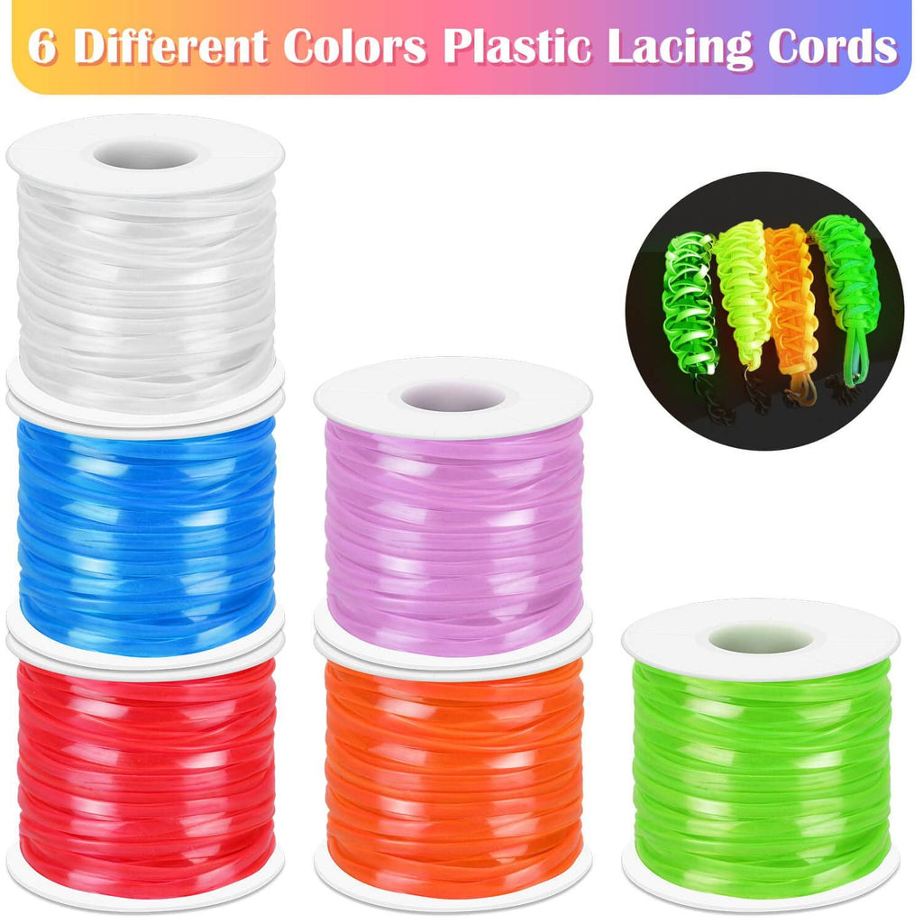 Six spools of colorful plastic lacing cord, with a small inset showing four finished bracelets.