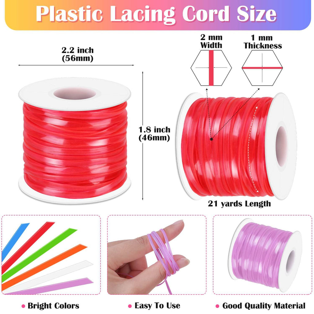 Plastic lacing cord on spools showing dimensions, width, thickness, and length, with swatches of bright colors.
