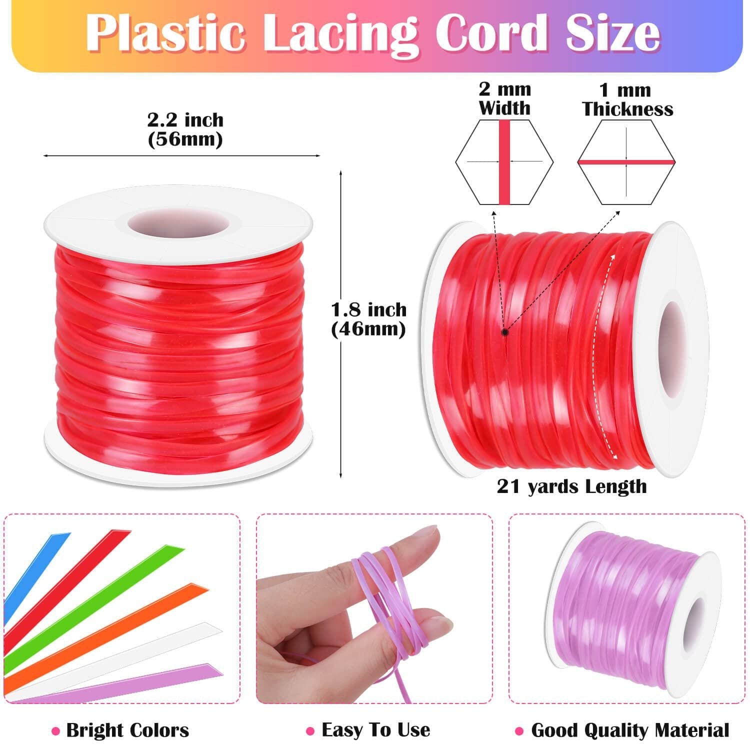 Plastic lacing cord on spools showing dimensions, width, thickness, and length, with swatches of bright colors.