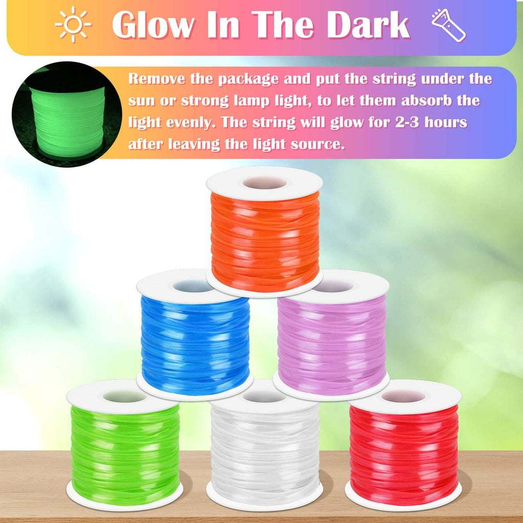 Six spools of glow-in-the-dark plastic lacing cord in orange, blue, purple, green, white, and red, with instructions on how to charge them.