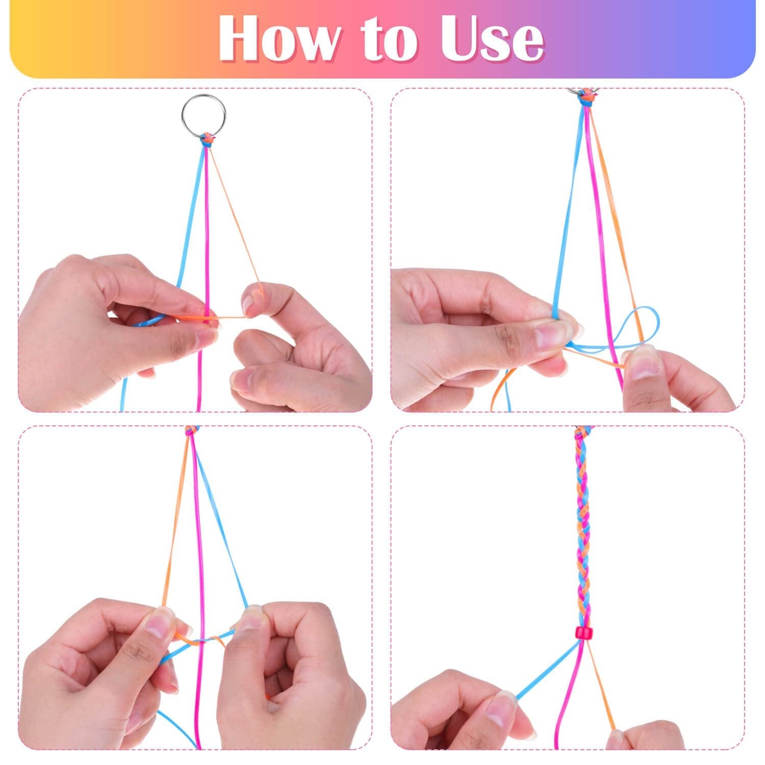 Four-panel image showing how to braid plastic lacing cord for crafts.