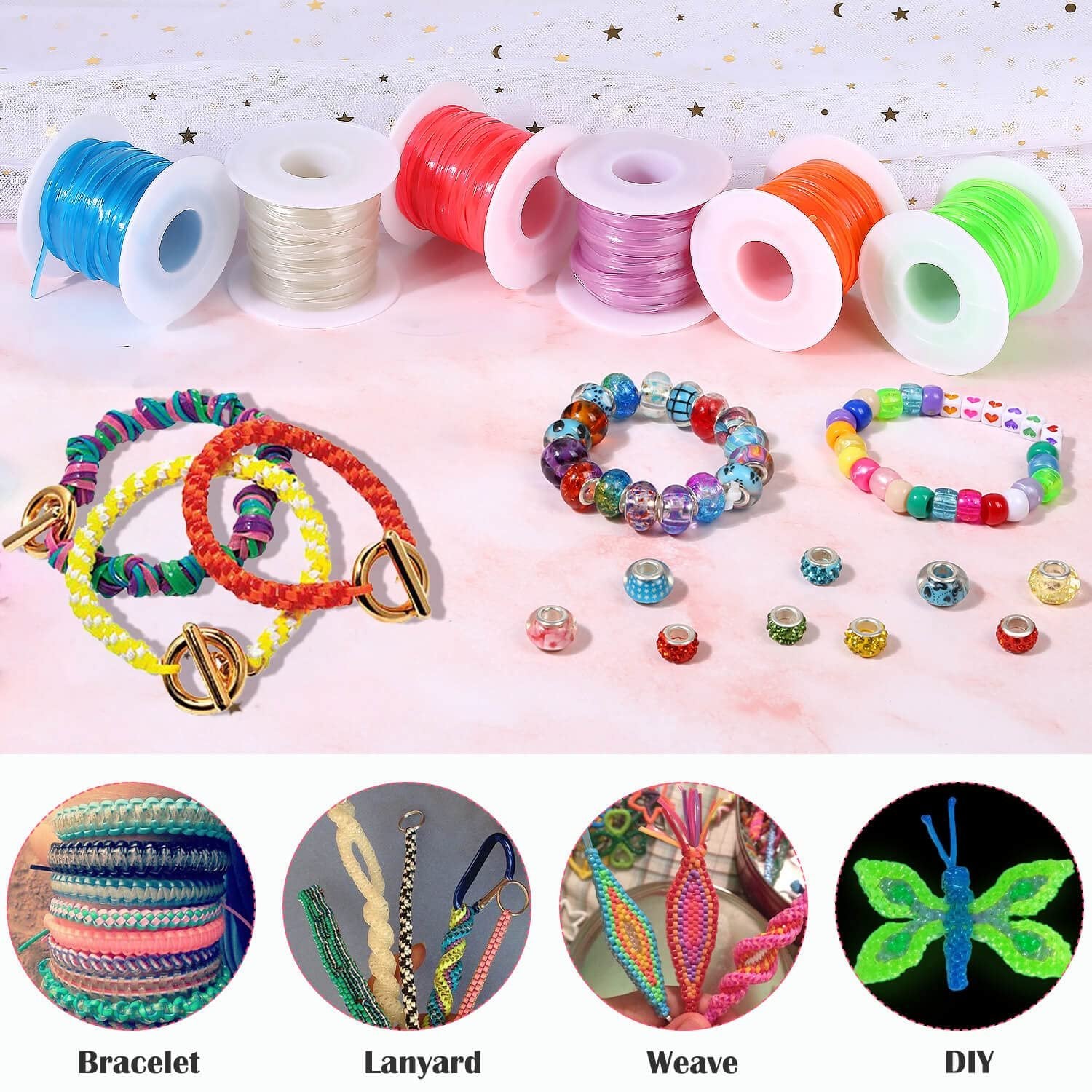 Six spools of colorful glow-in-the-dark plastic lacing cord with finished bracelets and beads scattered around, plus four circular insets showing bracelet, lanyard, weave, and DIY craft examples.