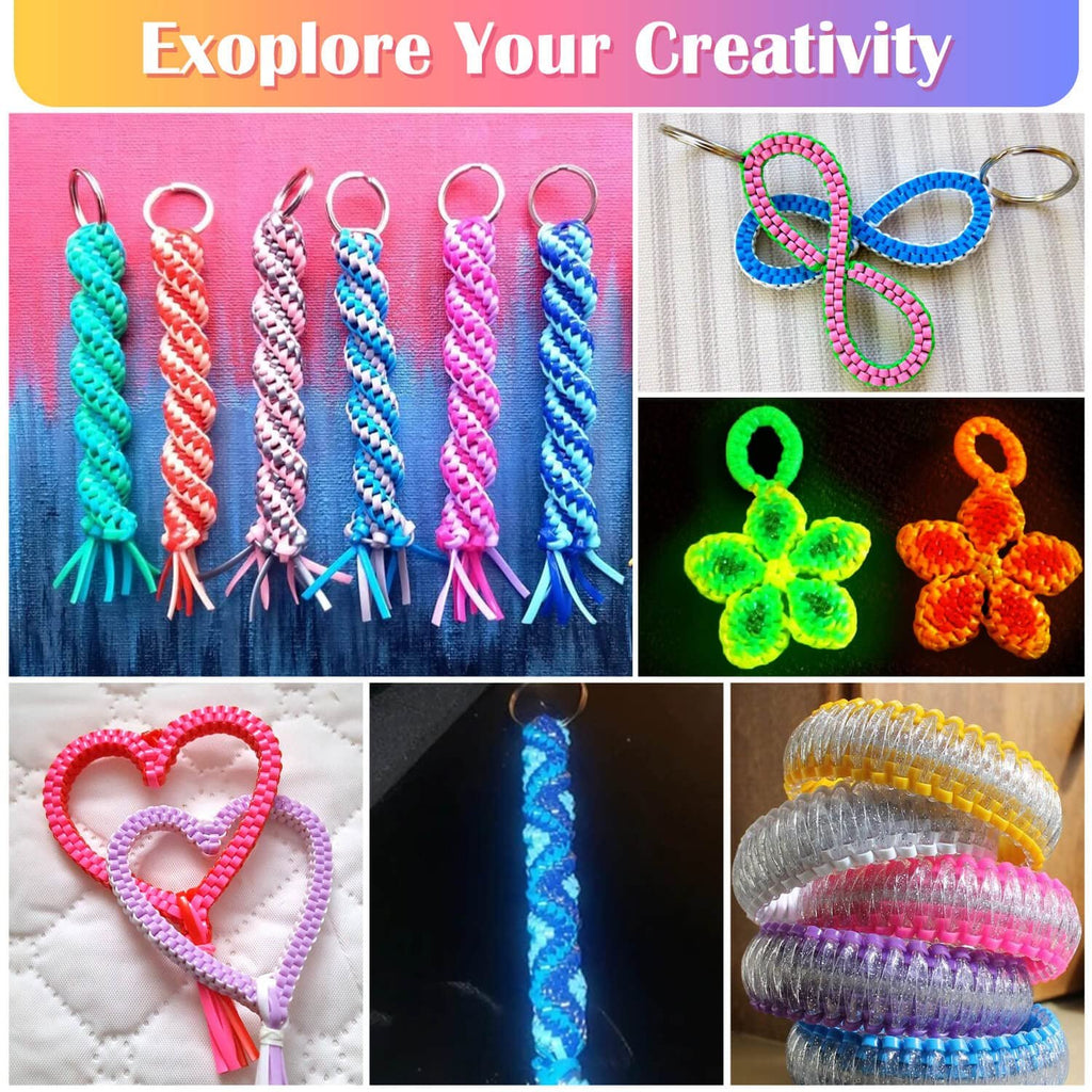 Collage of glow-in-the-dark plastic lacing cord crafts including keychains, bracelets, and flower shapes.