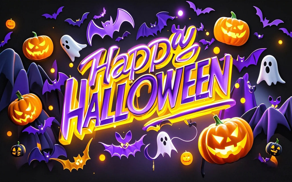 Halloween themed graphic with pumpkins, bats, ghosts, and the text 'Happy Halloween'