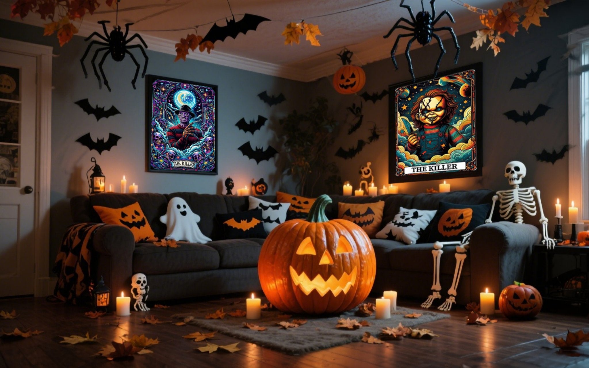 Halloween living room decorated with a couch, jack-o'-lanterns, skeleton, and spooky wall art.