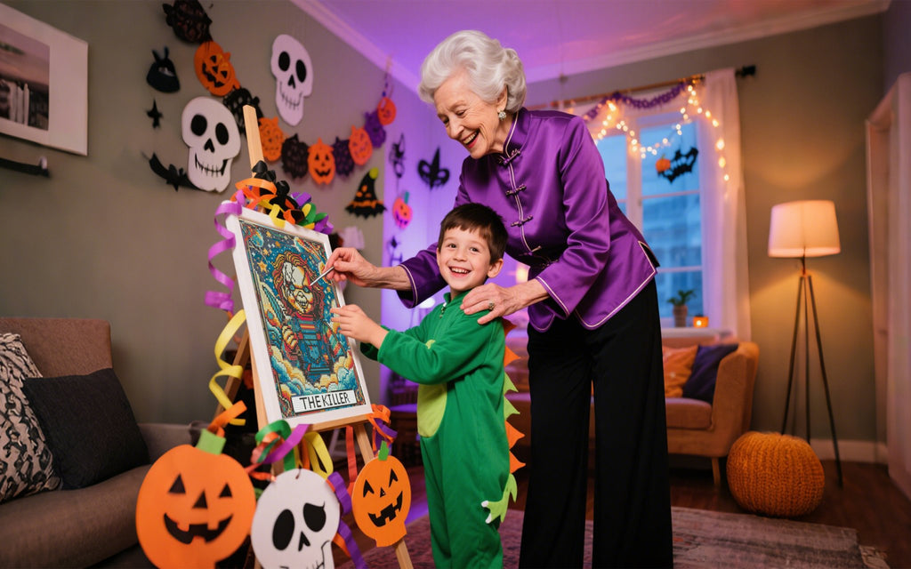 Grandmother and grandson doing a Halloween kit in a decorated room