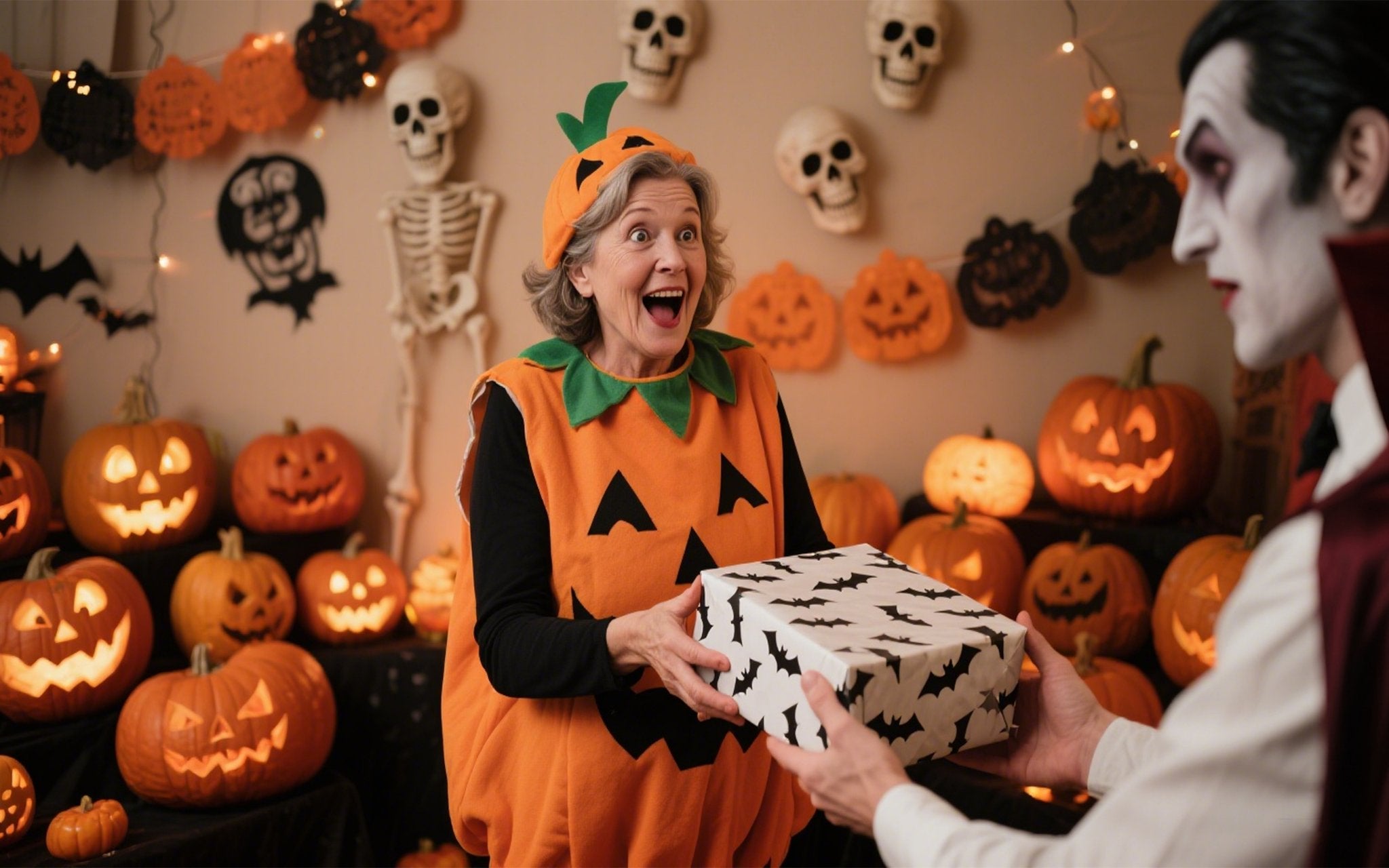Woman in pumpkin costume receives a gift from a person in a vampire costume, surrounded by Halloween decorations and jack-o'-lanterns.
