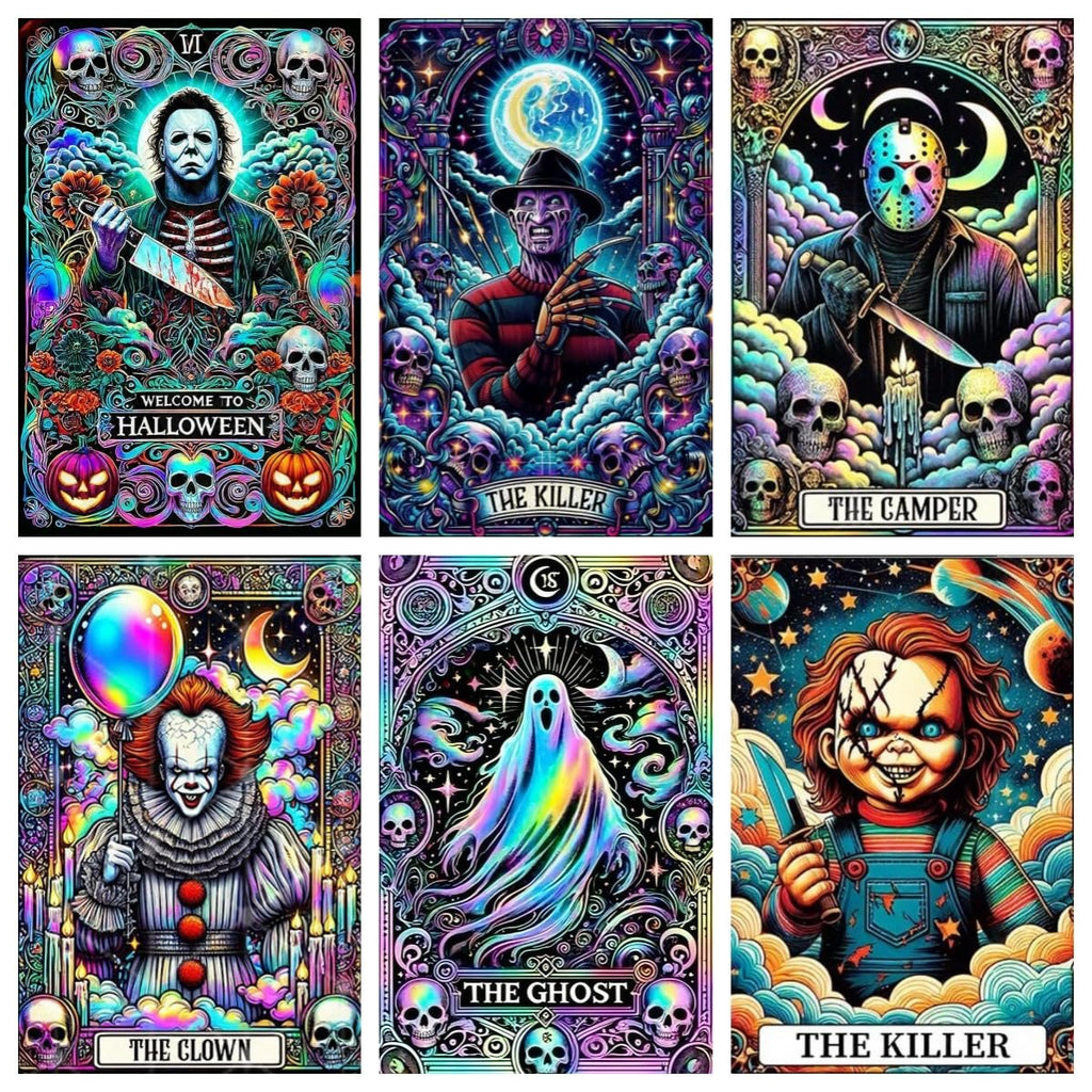 Six Halloween-themed art kit designs featuring horror characters like Michael Myers, Freddy Krueger, Jason Voorhees, Pennywise, a ghost, and Chucky.